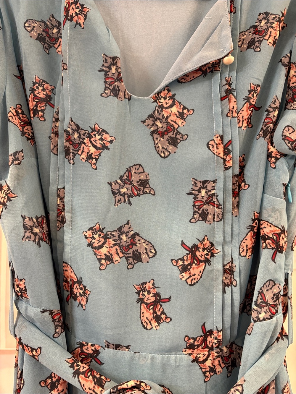 Lindy Bop Baby Blue 1930s Style Kitten Print Tie-Waist Midi Dress - Picture 3 of 4
